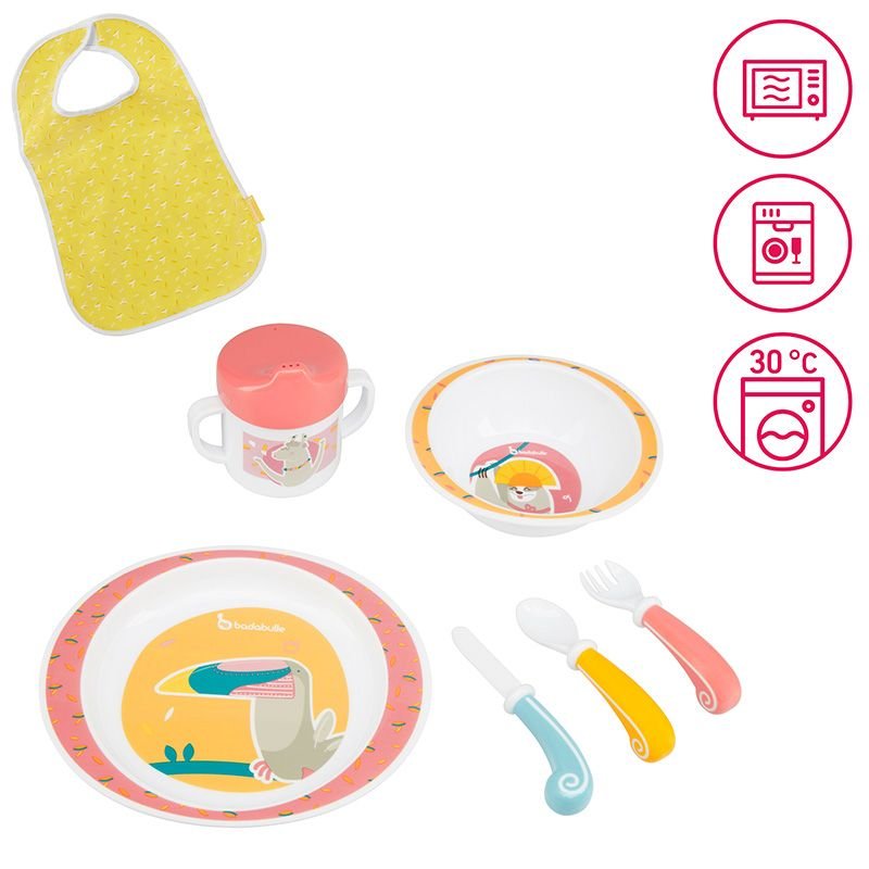 Badabulle Coffret Repas Yummy corail – Set Vaisselle 7 pièces
