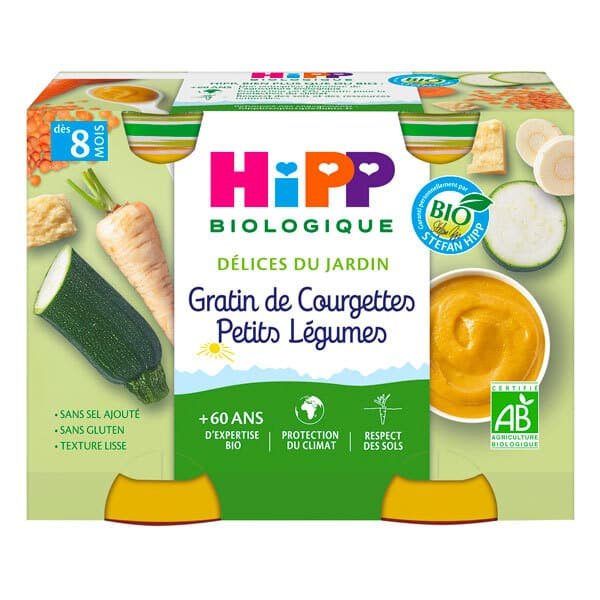 Hipp 2 pots gratin de courgettes petits légumes 8m+