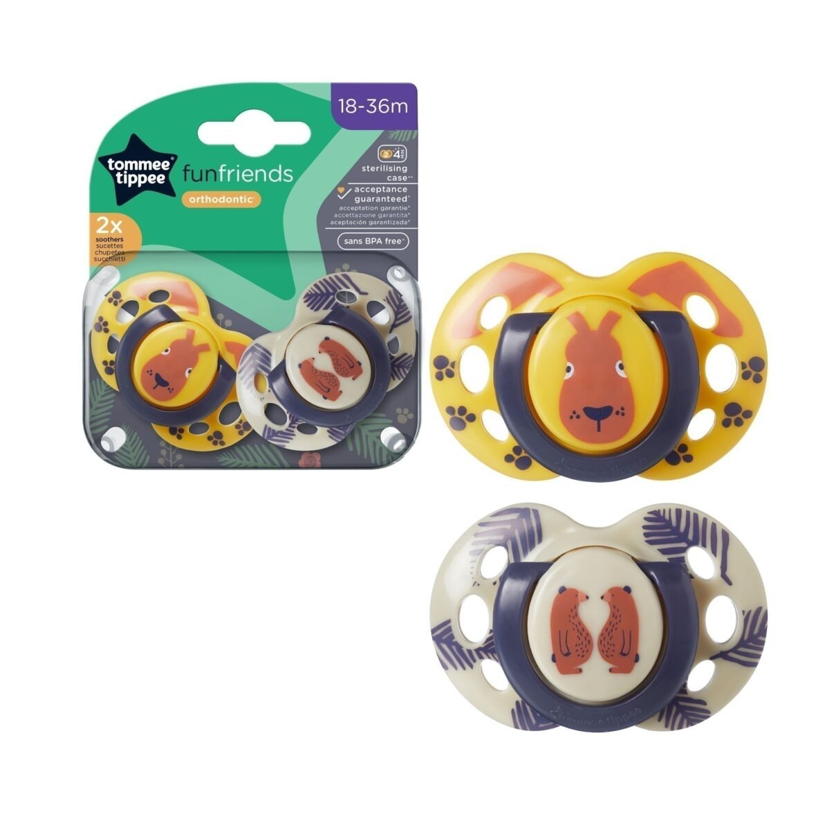 Tommee Tippee Lot de 2 sucettes Fun friends orthodontic 18-36m Jaune-Beige